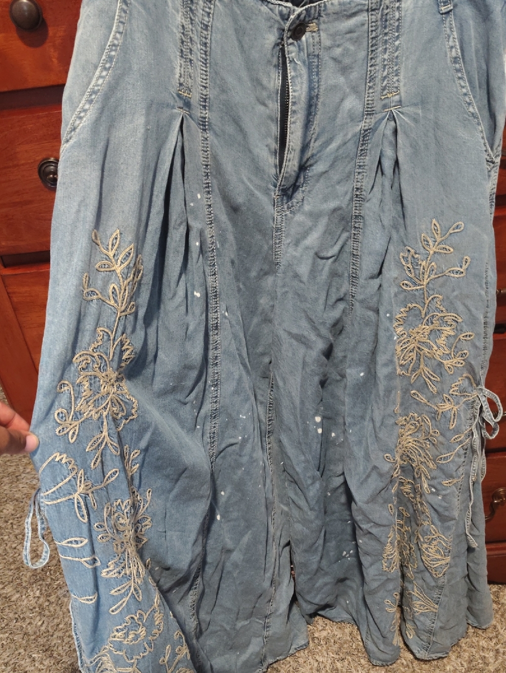 Boho Embroidered Denim Maxi Wide Leg Pant in Light Blue